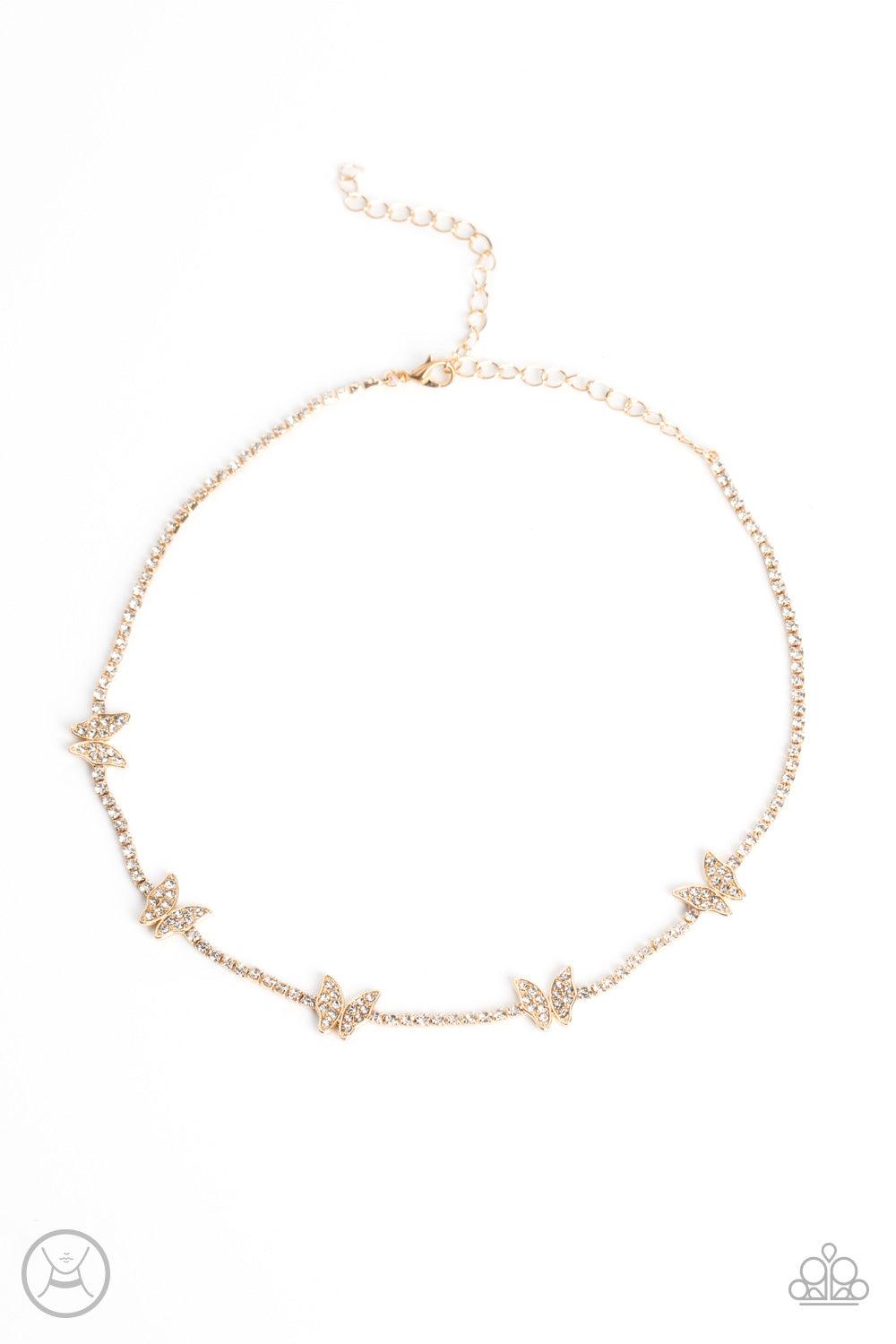 Fluttering Fanatic Gold & White Rhinestone Butterfly Choker Necklace - Paparazzi Accessories- lightbox - CarasShop.com - Paparazzi Jewelry by Cara Jewels