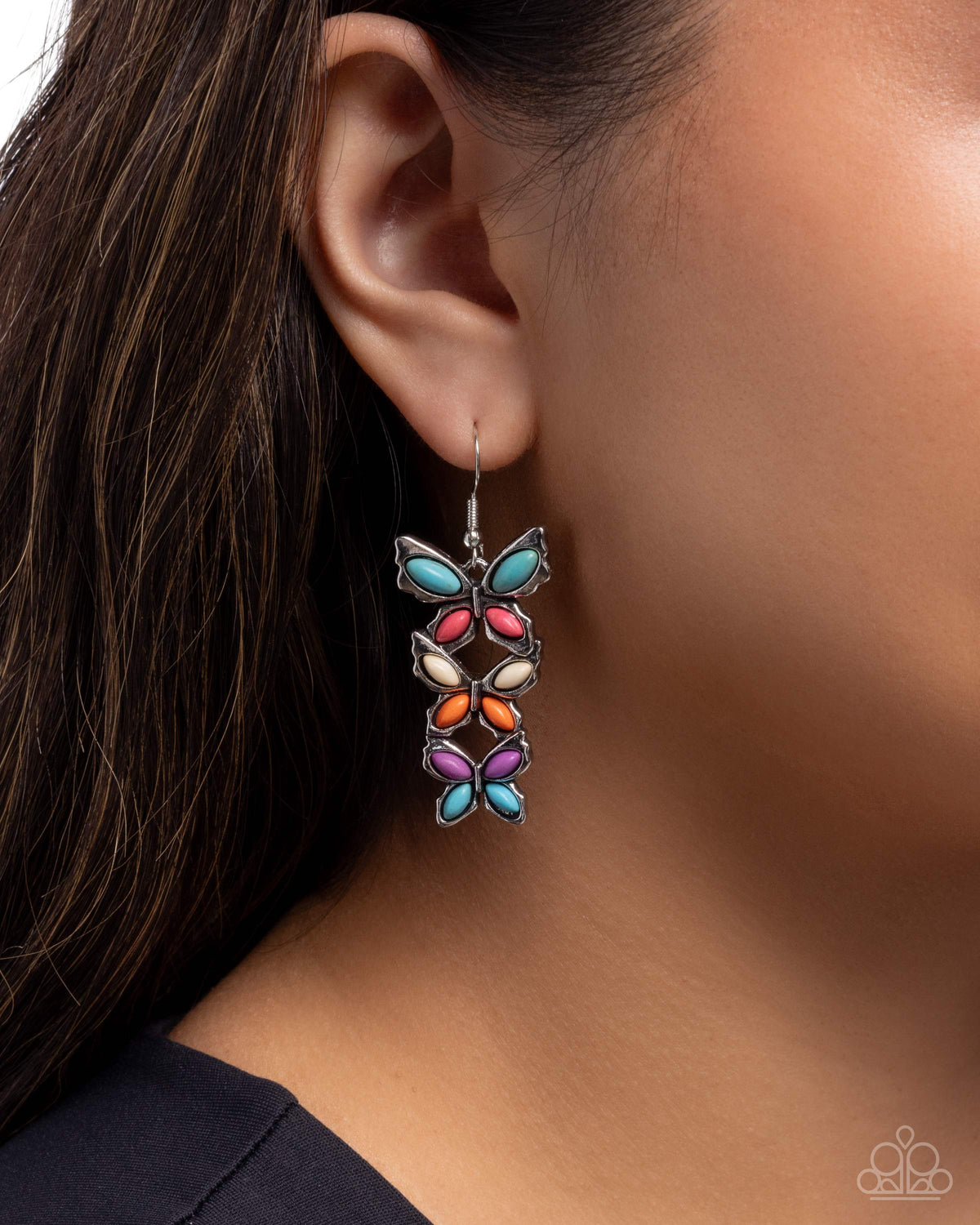 Fluttering Fantasy Multi Stone Butterfly Earrings - Paparazzi Accessories-on model - CarasShop.com - Paparazzi Jewelry by Cara Jewels
