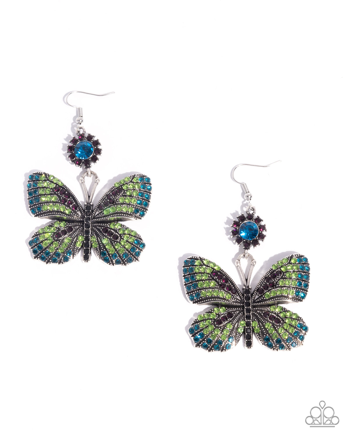 Fluttering Feature Green & Blue Rhinestone Butterfly Earrings - Paparazzi Accessories- lightbox - CarasShop.com - Paparazzi Jewelry by Cara Jewels
