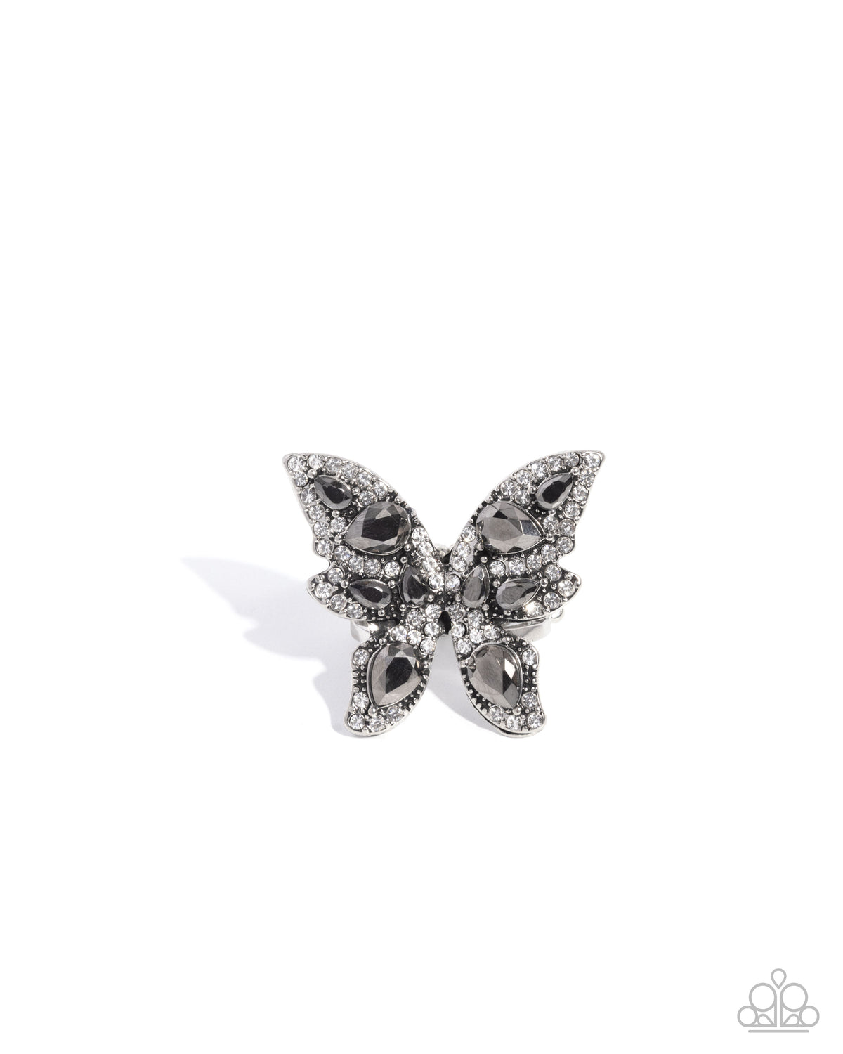 Fluttering Feeling Silver Hematite Rhinestone Butterfly Ring - Paparazzi Accessories- lightbox - CarasShop.com - Paparazzi Jewelry by Cara Jewels