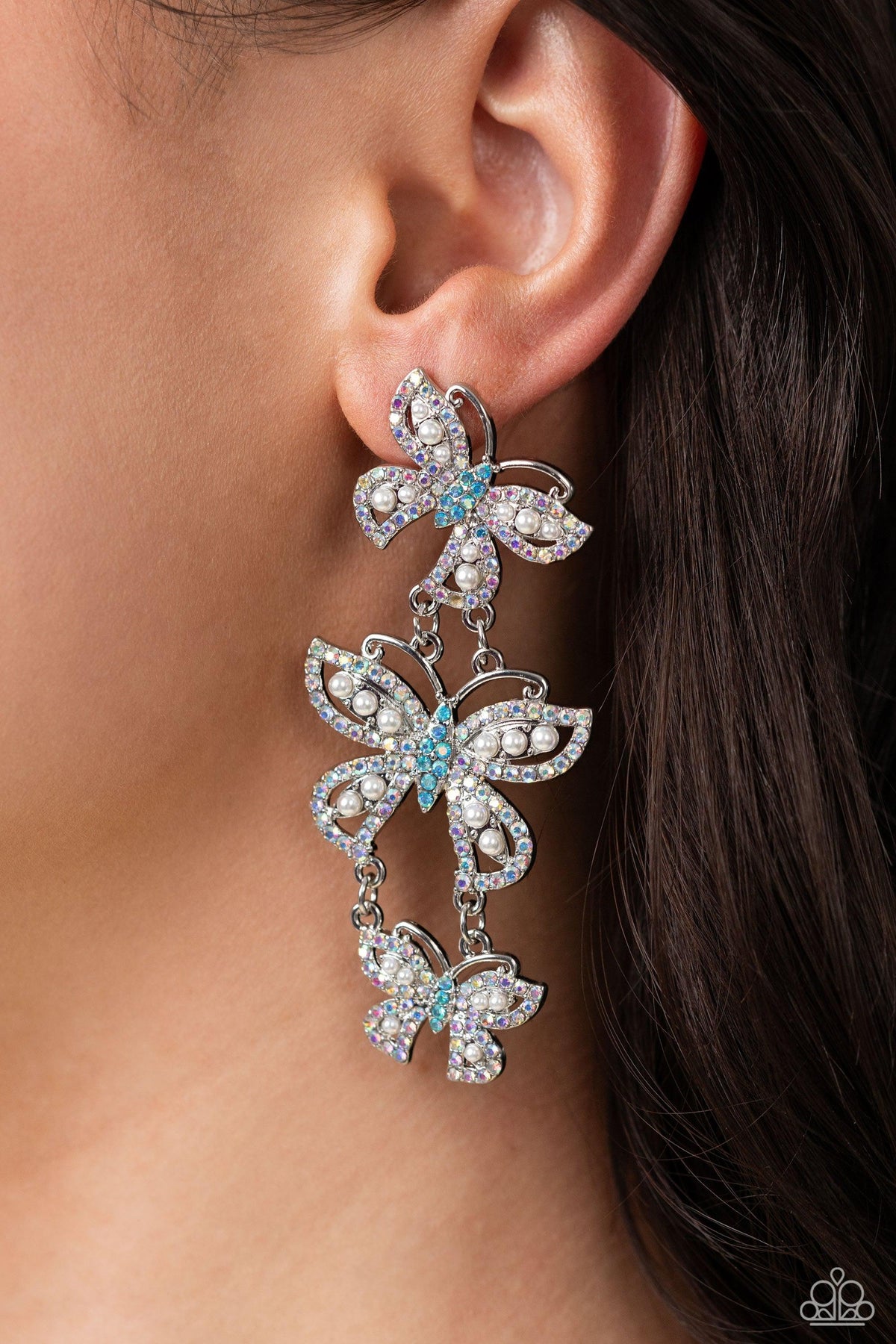Fluttering Finale Multi Iridescent Rhinestone Butterfly Earrings - Paparazzi Accessories- on model - CarasShop.com - Paparazzi Jewelry by Cara Jewels