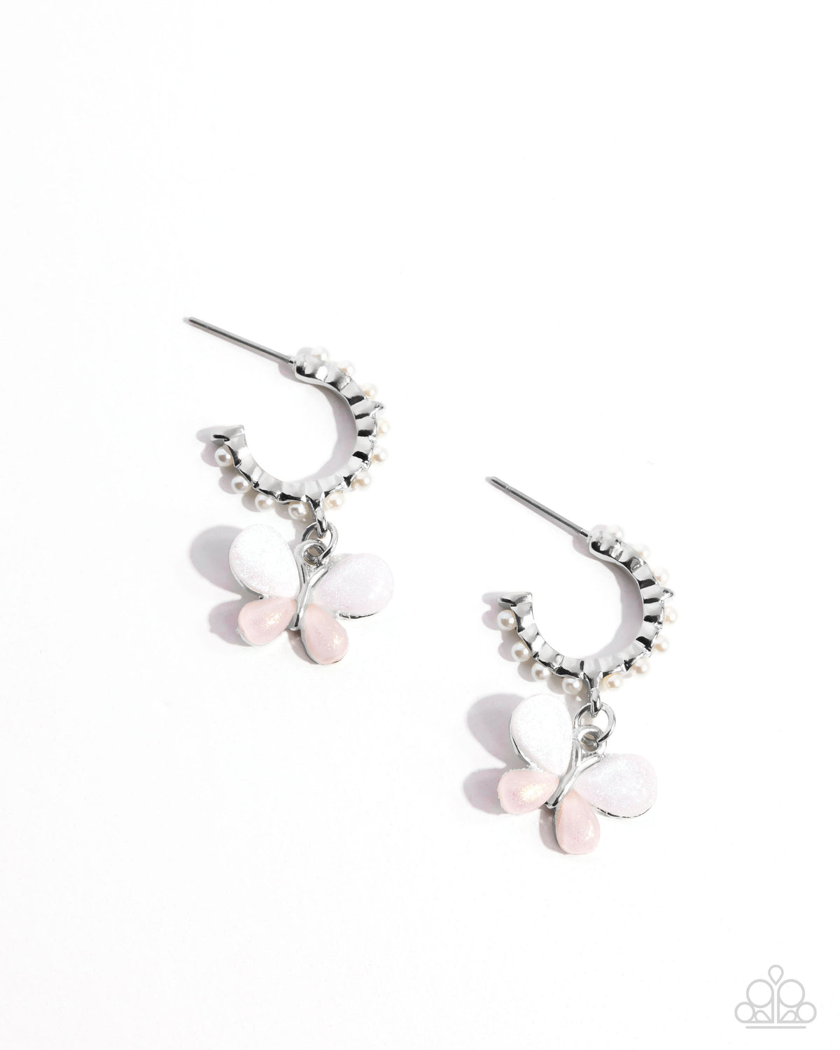 Fly to Your Heart Pink Butterfly & Pearl Hoop Earrings - Paparazzi Accessories- lightbox - CarasShop.com - Paparazzi Jewelry by Cara Jewels