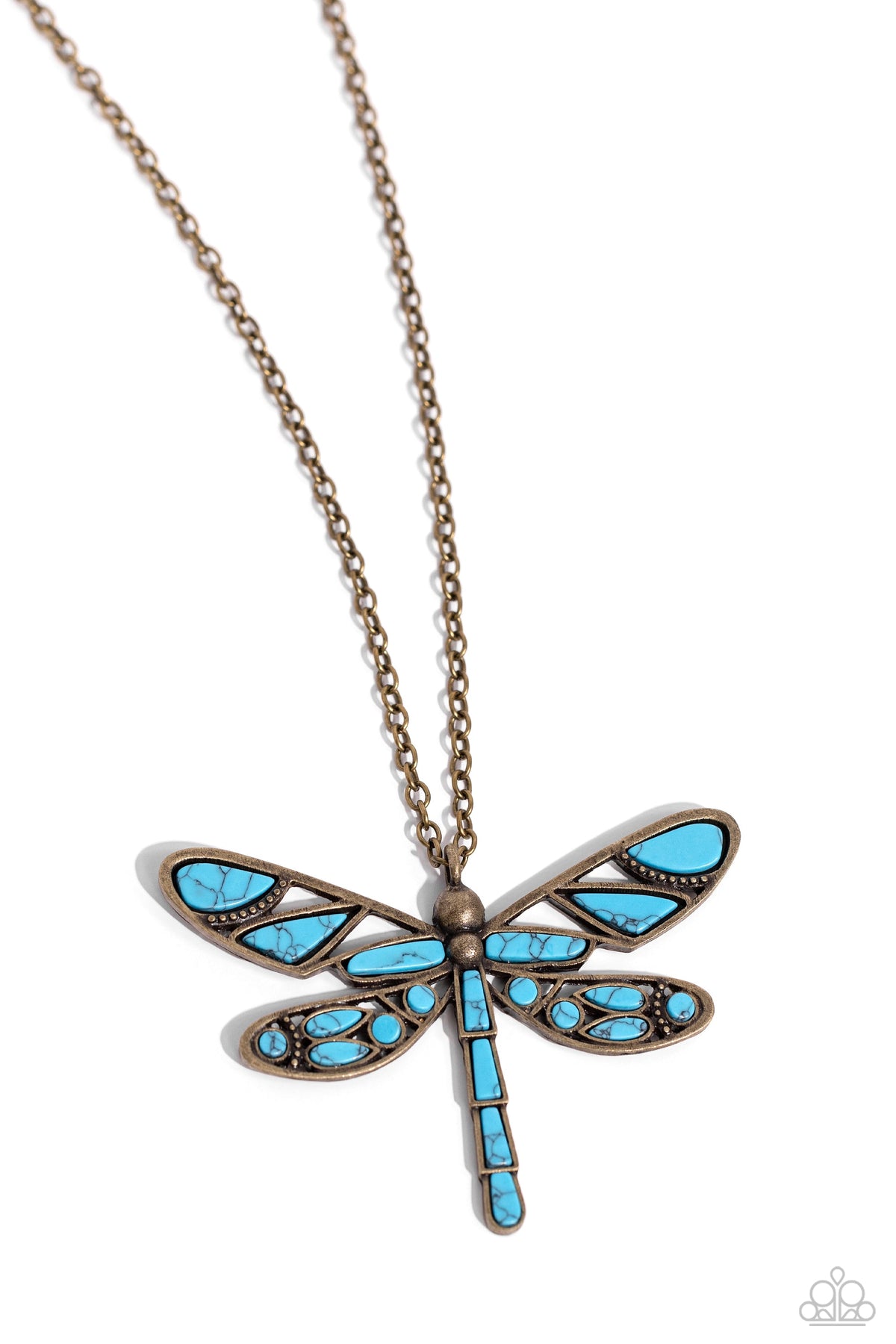 FLYING Low Brass & Turquoise Blue Stone Dragonfly Necklace - Paparazzi Accessories- lightbox - CarasShop.com - Paparazzi Jewelry by Cara Jewels