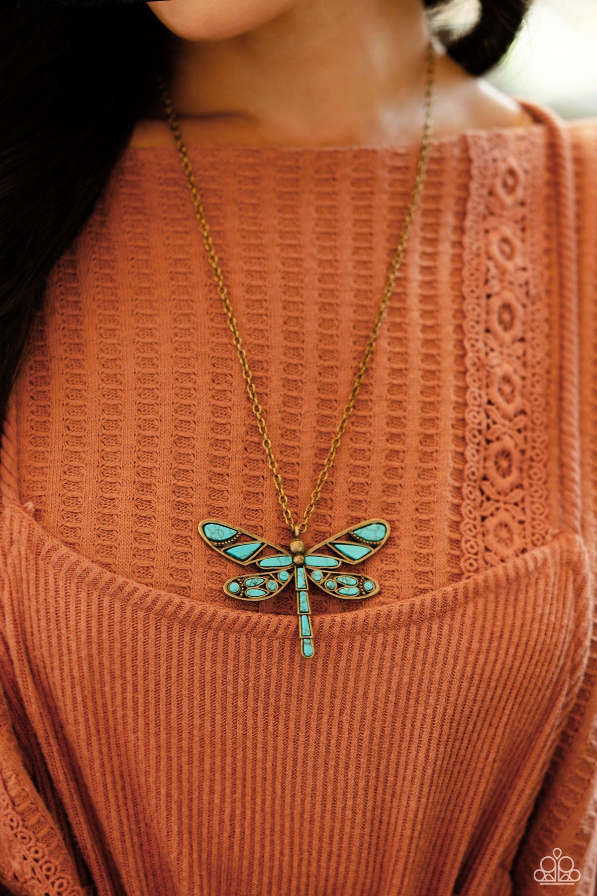 FLYING Low Brass & Turquoise Blue Stone Dragonfly Necklace - Paparazzi Accessories- on model - CarasShop.com - Paparazzi Jewelry by Cara Jewels