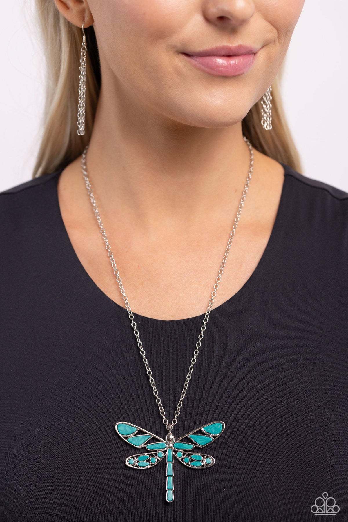 FLYING Low Teal Green Stone Dragonfly Necklace - Paparazzi Accessories- on model - CarasShop.com - Paparazzi Jewelry by Cara Jewels