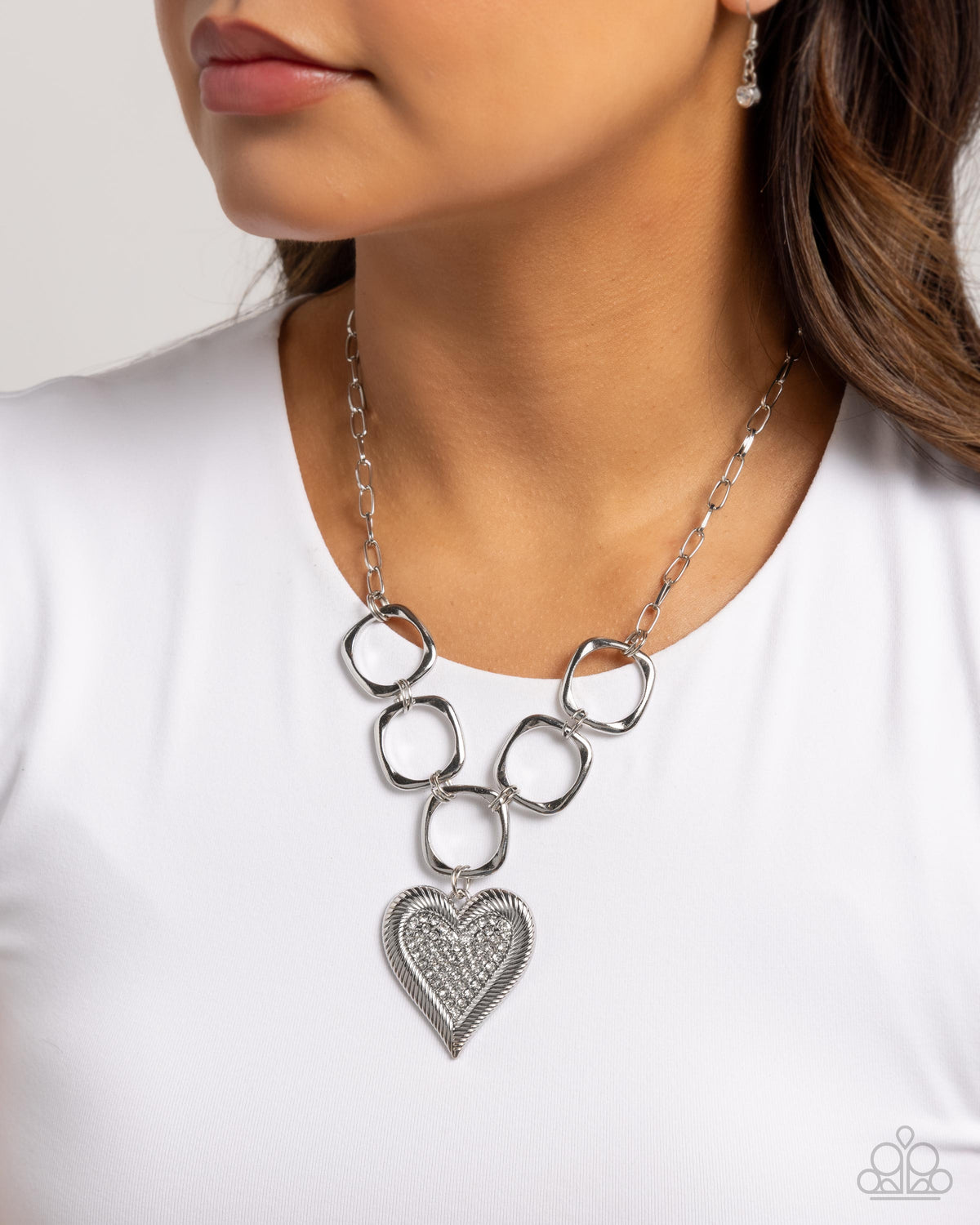 Focused Affection White Rhinestone Heart Necklace - Paparazzi Accessories- on model - CarasShop.com - Paparazzi Jewelry by Cara Jewels