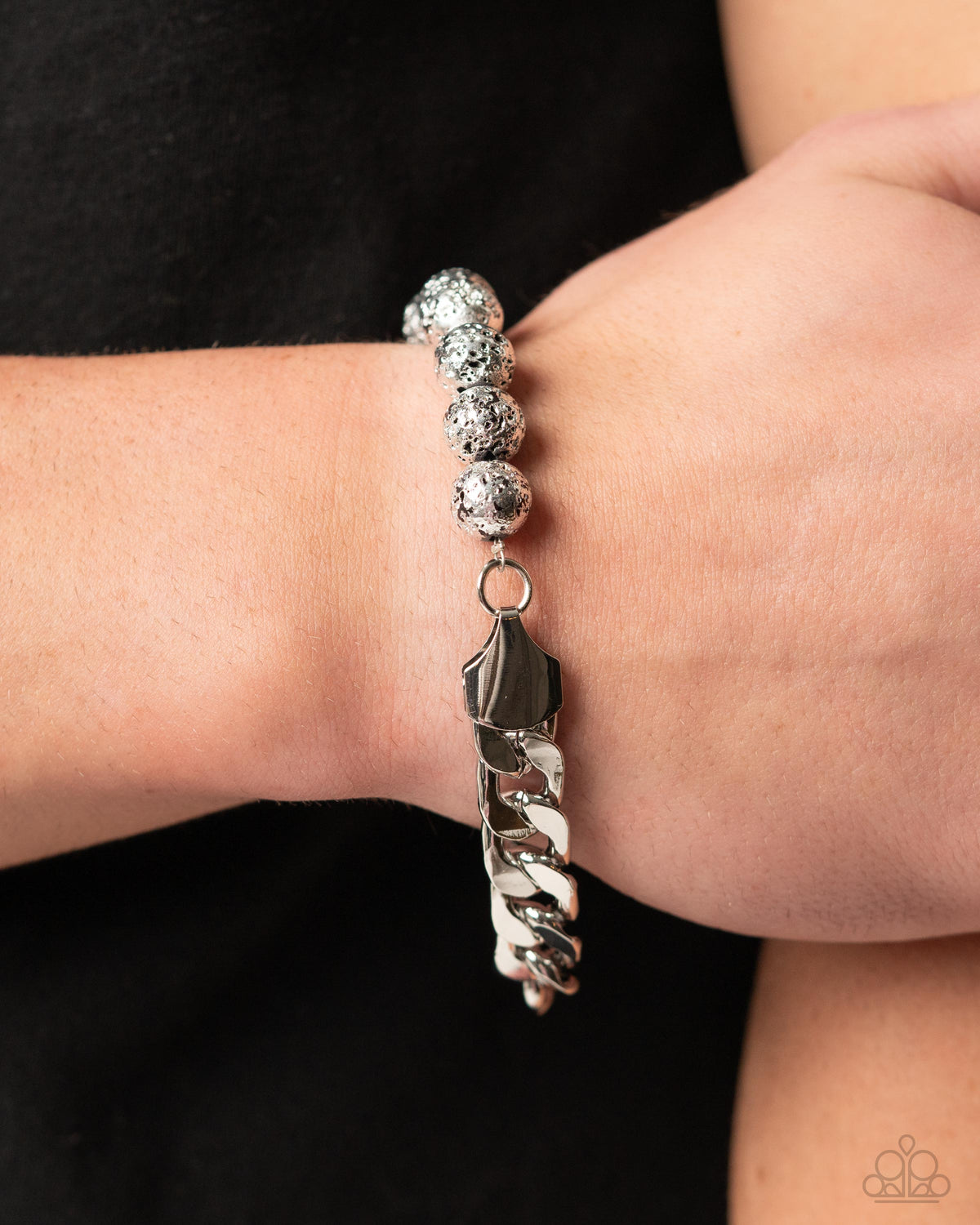 Foiled Feature Silver Bracelet - Paparazzi Accessories- on model - CarasShop.com - Paparazzi Jewelry by Cara Jewels
