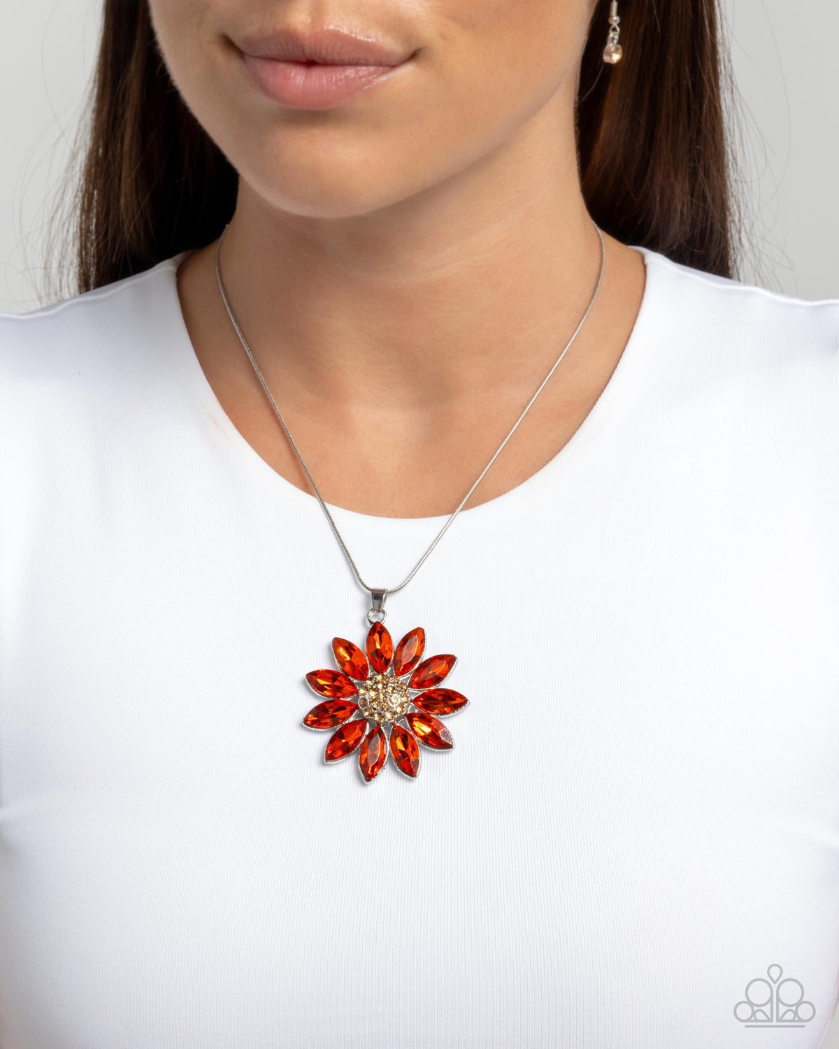 Fortunate Floral Orange Rhinestone Necklace - Paparazzi Accessories- on model - CarasShop.com - Paparazzi Jewelry by Cara Jewels