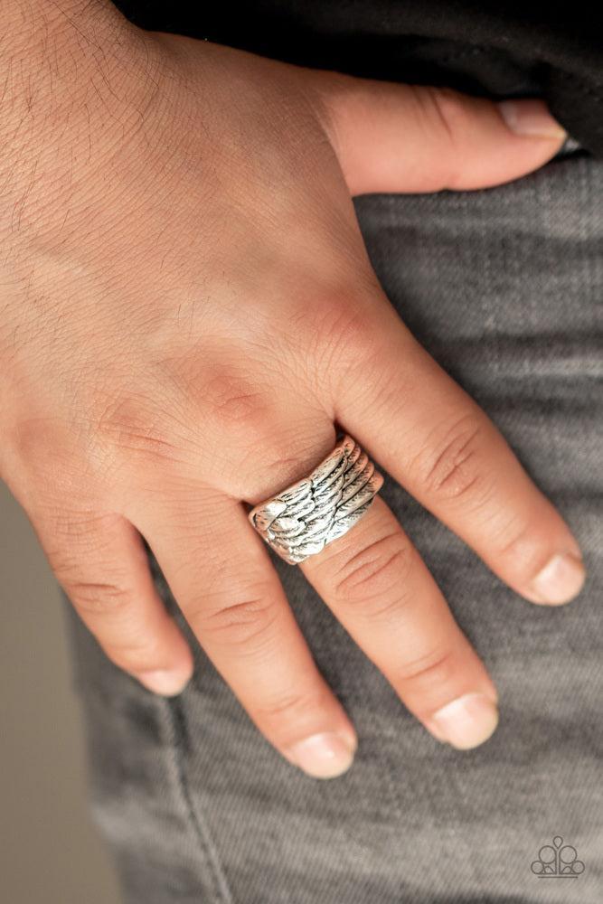 Fossil Fuel Men's Silver Ring - Paparazzi Accessories- on model - CarasShop.com - Paparazzi Jewelry by Cara Jewels