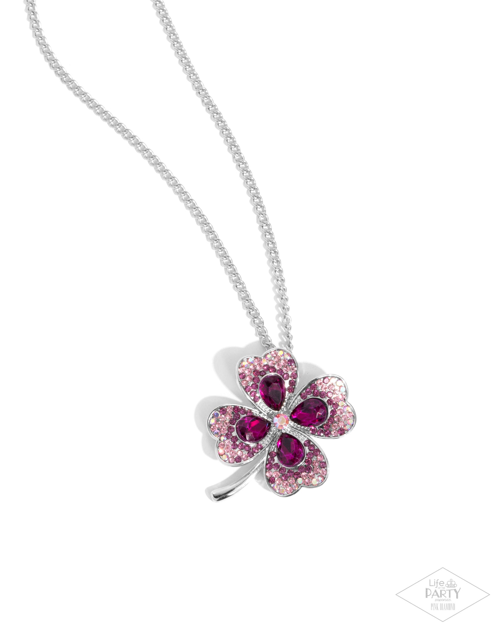 Four Leaf Fashion Pink Rhinestone Clover Necklace - Paparazzi Accessories- lightbox - CarasShop.com - Paparazzi Jewelry by Cara Jewels
