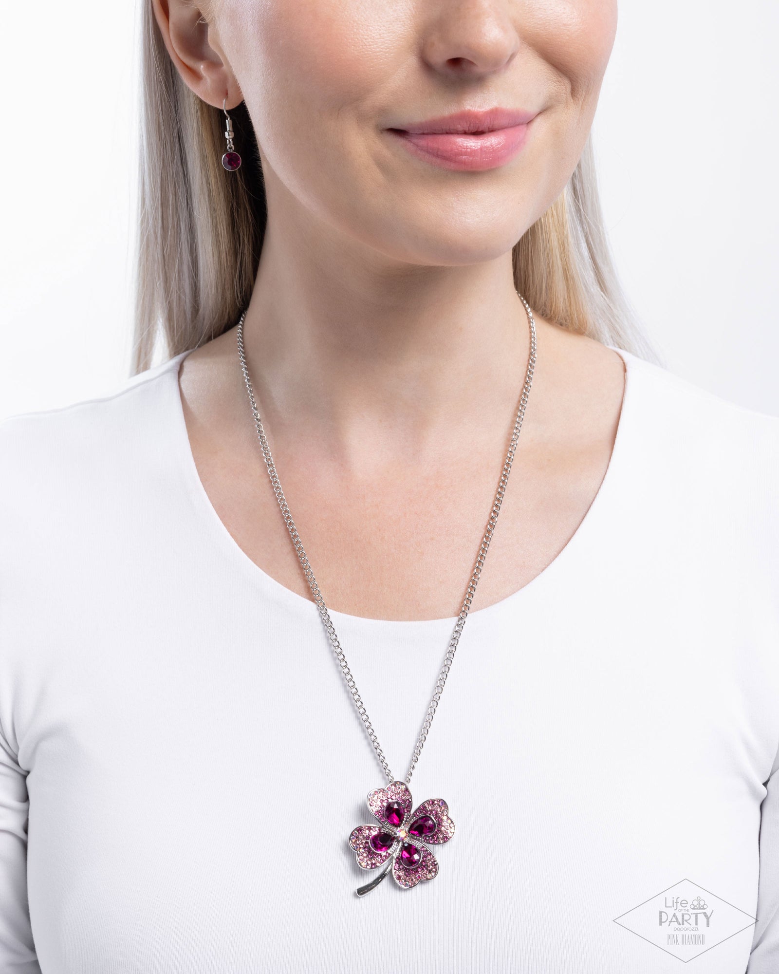 Four Leaf Fashion Pink Rhinestone Clover Necklace - Paparazzi Accessories- lightbox - CarasShop.com - Paparazzi Jewelry by Cara Jewels