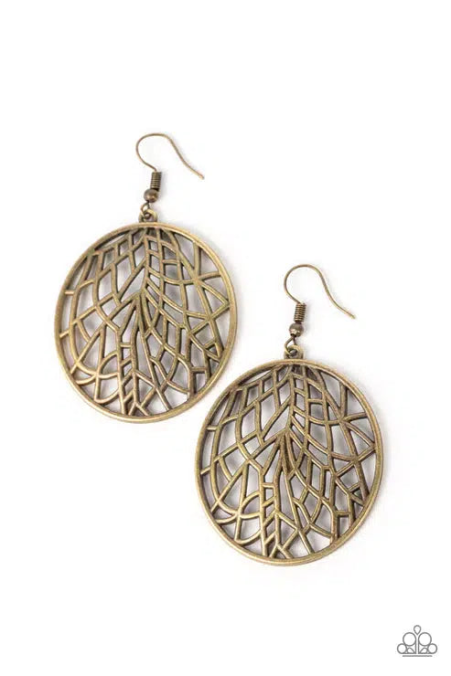 Fractured Foliage Brass Earrings - Paparazzi Accessories- lightbox - CarasShop.com - Paparazzi Jewelry by Cara Jewels