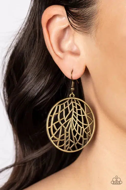 Fractured Foliage Brass Earrings - Paparazzi Accessories- on model - CarasShop.com - Paparazzi Jewelry by Cara Jewels