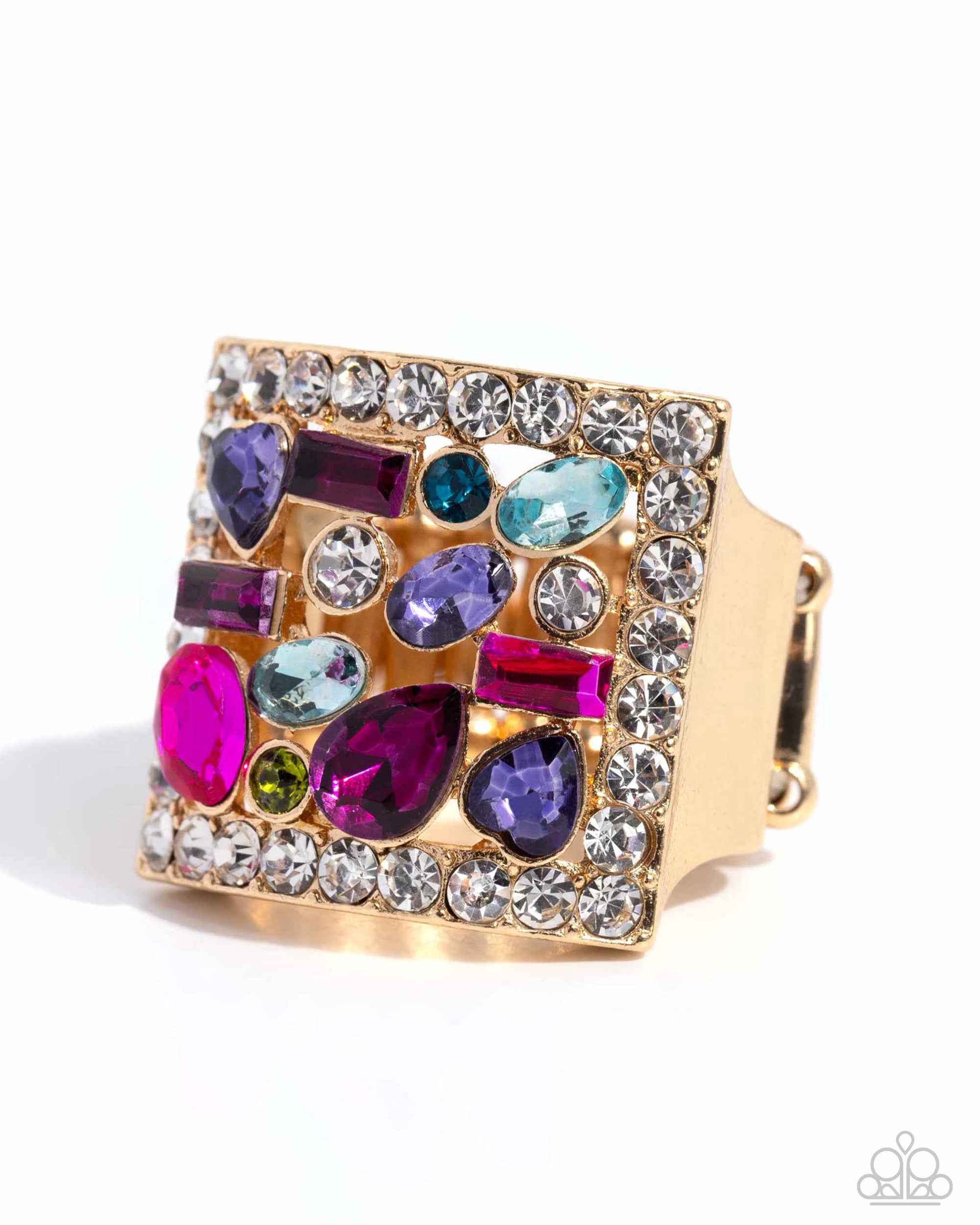 Framed Finesse Multi Rhinestone & Gold Ring - Paparazzi Accessories- lightbox - CarasShop.com - Paparazzi Jewelry by Cara Jewels