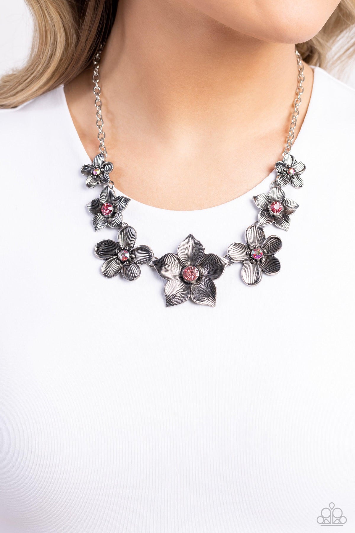 Free FLORAL Pink Necklace - Paparazzi Accessories- on model - CarasShop.com - Paparazzi Jewelry by Cara Jewels
