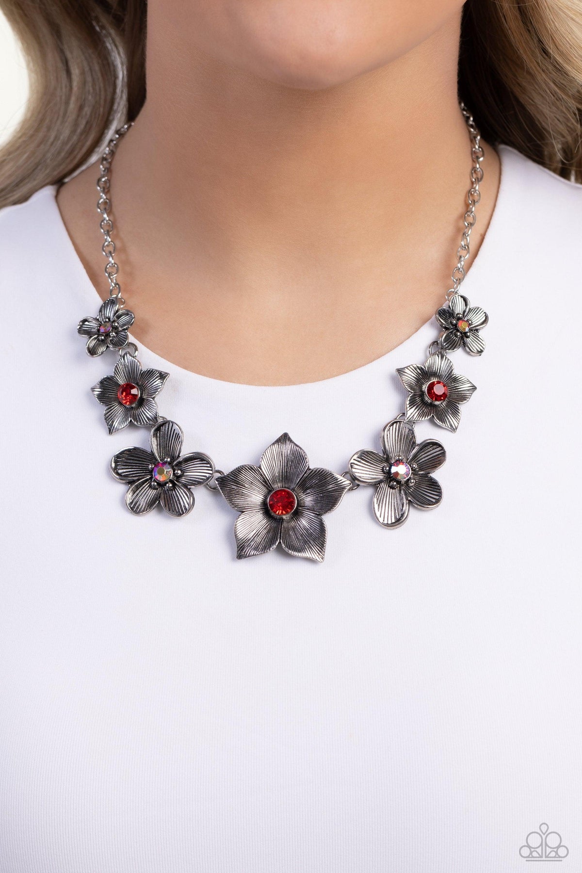 Free FLORAL Red Necklace - Paparazzi Accessories- on model - CarasShop.com - Paparazzi Jewelry by Cara Jewels