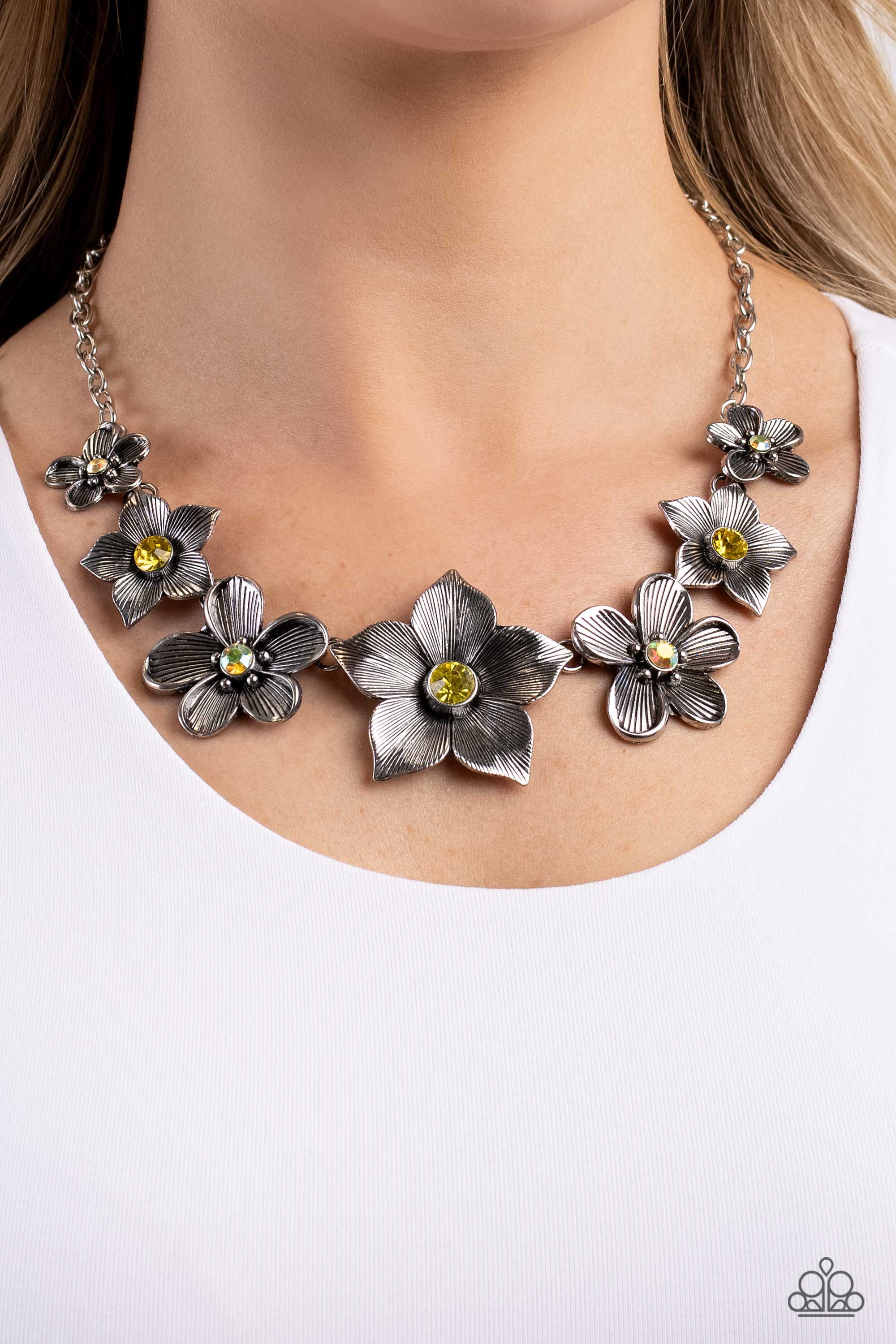 Free FLORAL Yellow Flower Necklace - Paparazzi Accessories- lightbox - CarasShop.com - Paparazzi Jewelry by Cara Jewels