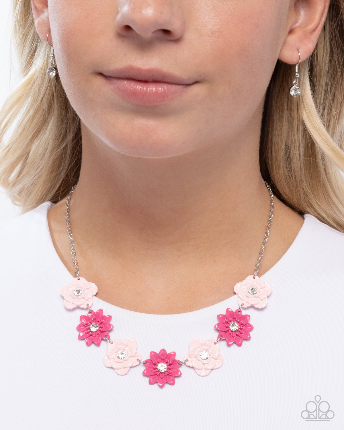 Frenetic Florals Pink Flower Necklace - Paparazzi Accessories- on model - CarasShop.com - Paparazzi Jewelry by Cara Jewels