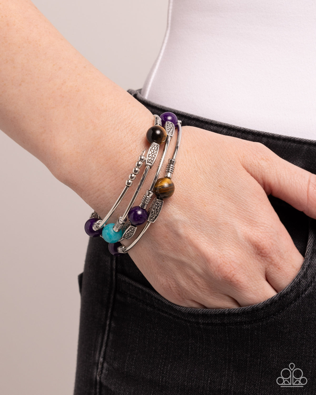 From Start to Finish Purple & Multi Stone Coil Bracelet - Paparazzi Accessories- on model - CarasShop.com - Paparazzi Jewelry by Cara Jewels
