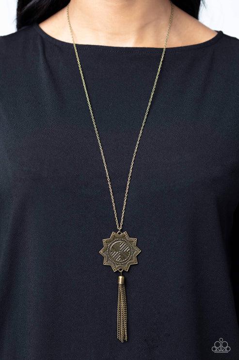 From Sunup to Sundown Brass Necklace - Paparazzi Accessories- on model - CarasShop.com - Paparazzi Jewelry by Cara Jewels