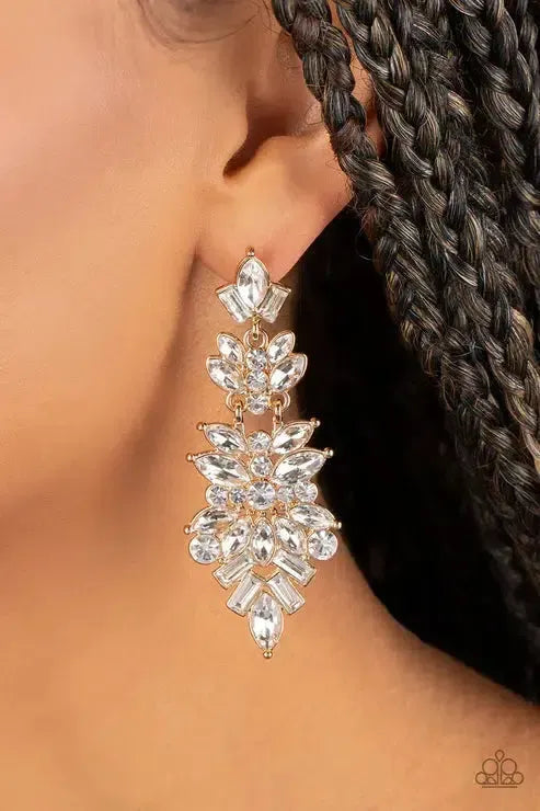 Frozen Fairytale Gold Earrings - Paparazzi Accessories- on model - CarasShop.com - Paparazzi Jewelry by Cara Jewels