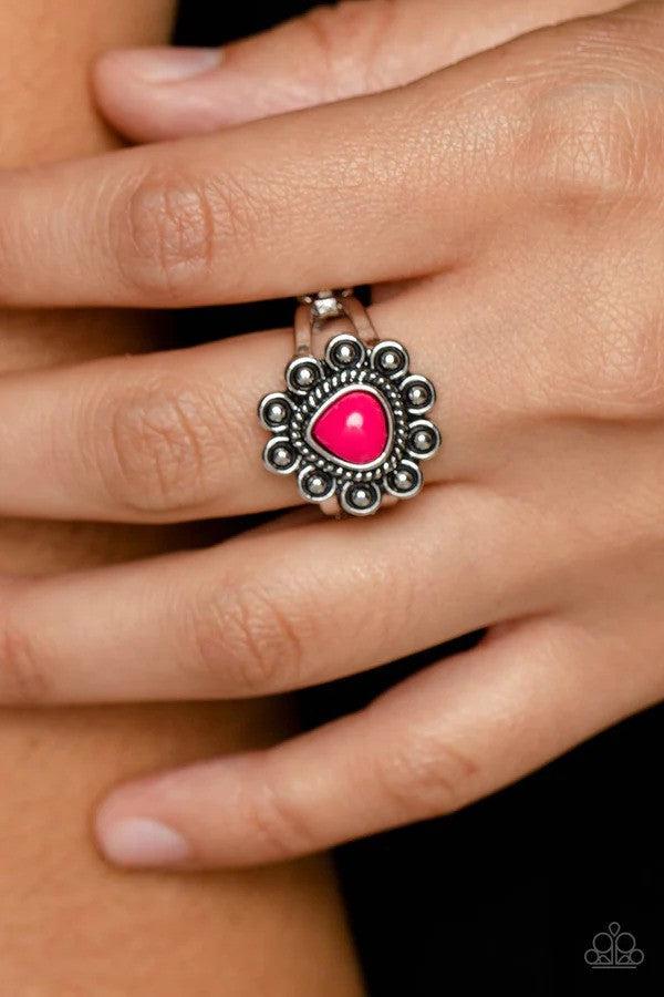 Fruity Frou-Frou Pink Ring - Paparazzi Accessories- on model - CarasShop.com - Paparazzi Jewelry by Cara Jewels