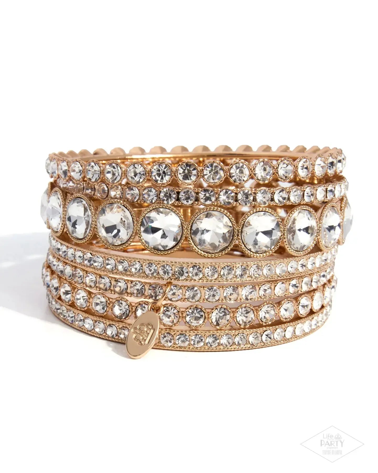 Future Fashionista Gold & White Rhinestone Zi Collection Bangle Bracelet Set - Paparazzi Accessories- lightbox - CarasShop.com - Paparazzi Jewelry by Cara Jewels