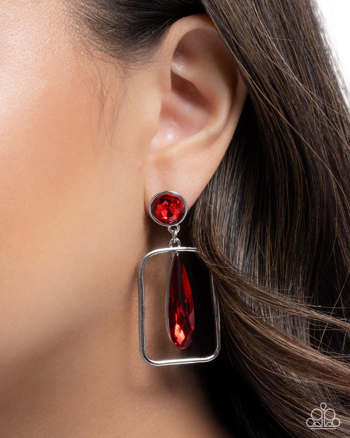 Future Framing Red Gem Earrings - Paparazzi Accessories-on model - CarasShop.com - Paparazzi Jewelry by Cara Jewels