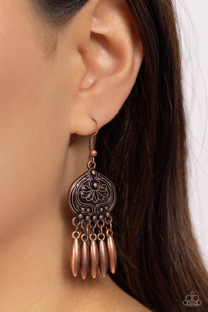 Future, PASTURE and Present Copper Earrings - Paparazzi Accessories- lightbox - CarasShop.com - Paparazzi Jewelry by Cara Jewels