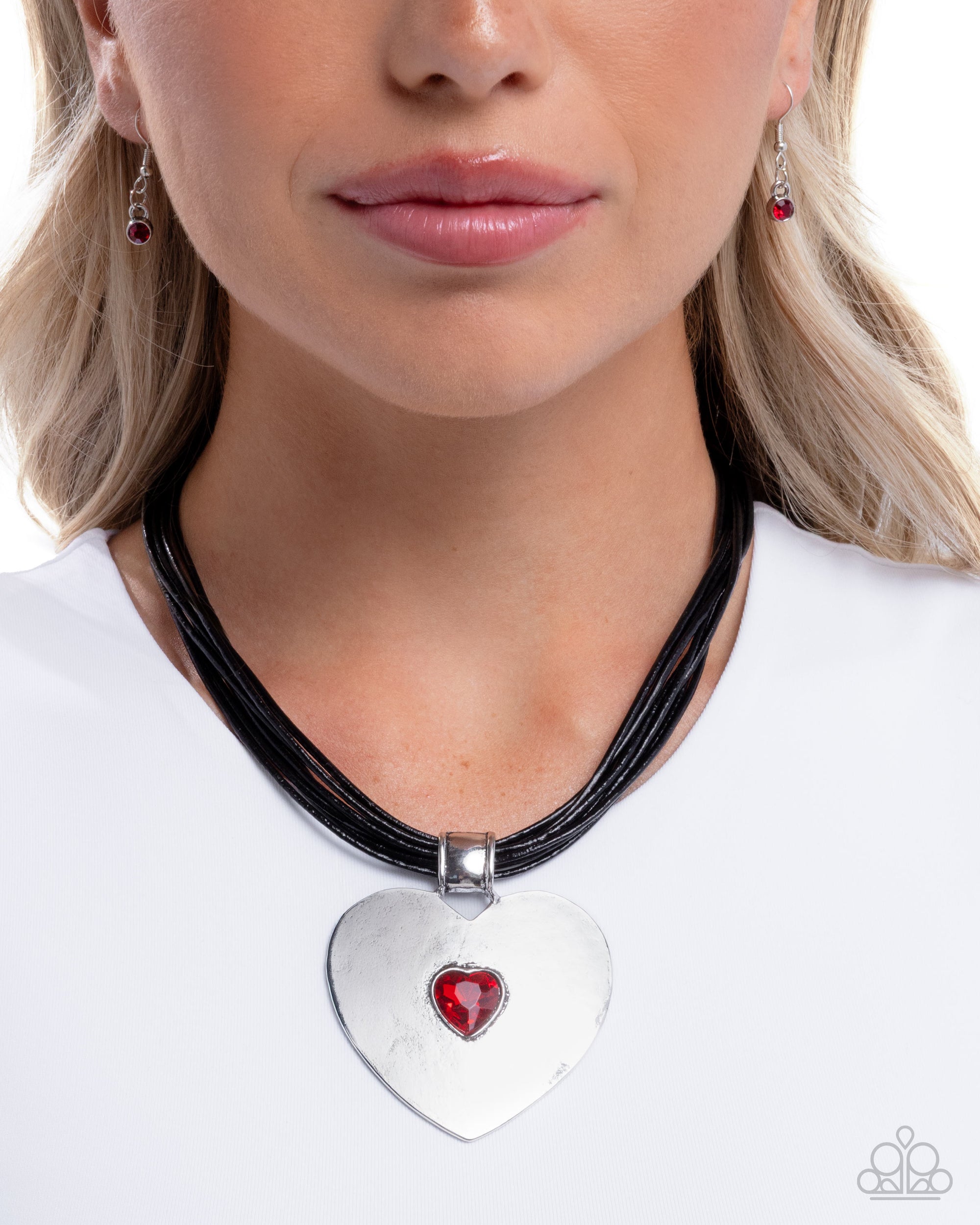 Galentines Day Red Gem & Silver Heart Necklace - Paparazzi Accessories- lightbox - CarasShop.com - Paparazzi Jewelry by Cara Jewels