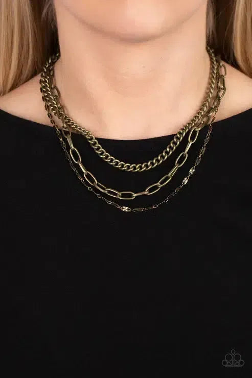 Galvanized Grit Brass Necklace - Paparazzi Accessories-on model - CarasShop.com - Paparazzi Jewelry by Cara Jewels