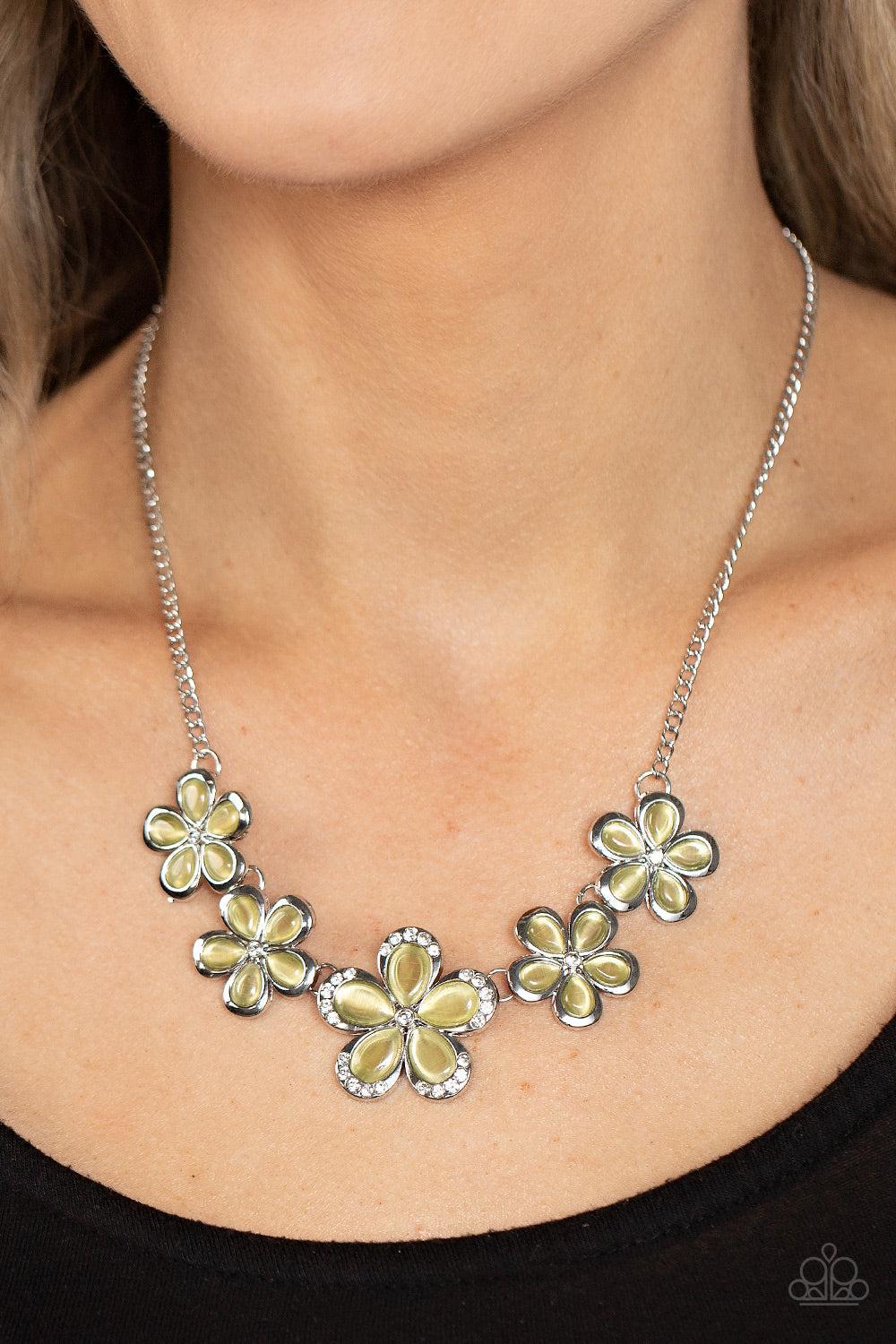 Garden Daydream Yellow Cat's Eye Stone Flower Necklace - Paparazzi Accessories- on model - CarasShop.com - Paparazzi Jewelry by Cara Jewels