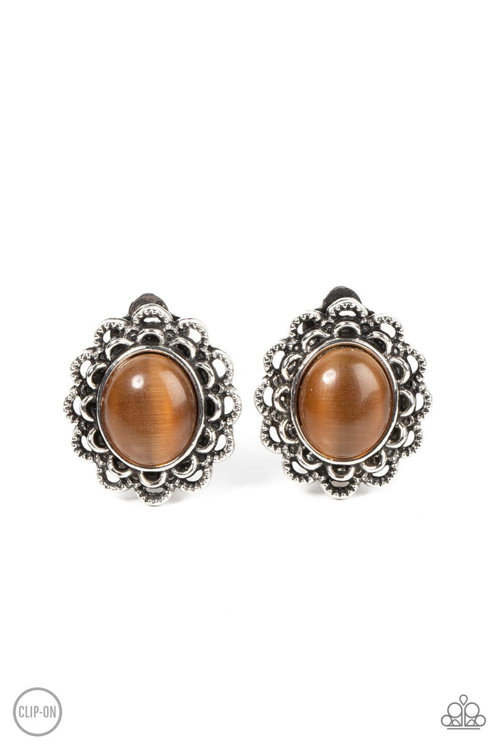 Garden Gazebo Brown Cat's Eye Stone Clip-on Earrings - Paparazzi Accessories- lightbox - CarasShop.com - Paparazzi Jewelry by Cara Jewels