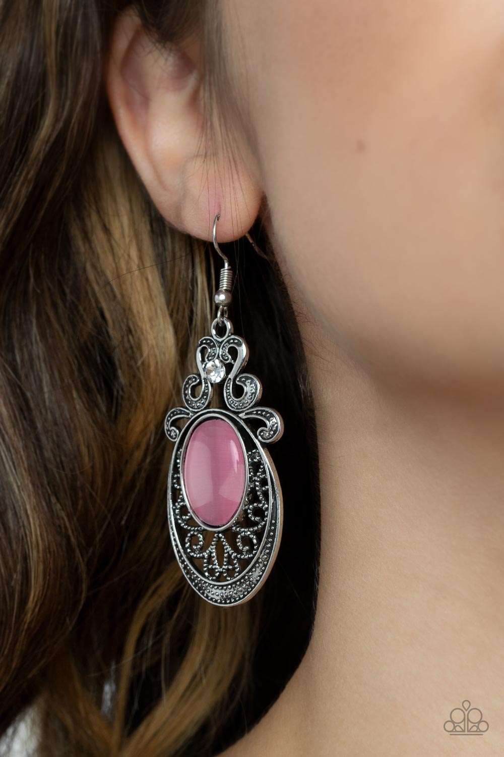 Garden Gondola Ride Pink Cat's Eye Stone Earrings - Paparazzi Accessories- on model - CarasShop.com - Paparazzi Jewelry by Cara Jewels
