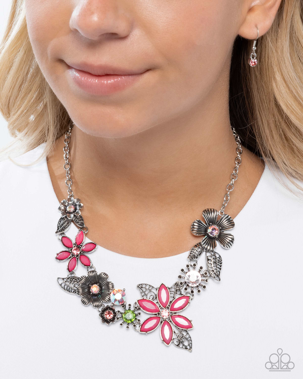 GARDEN My Sparkle Pink Flower Necklace - Paparazzi Accessories- on model - CarasShop.com - Paparazzi Jewelry by Cara Jewels