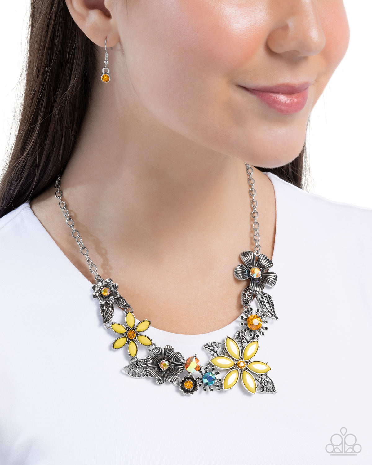 GARDEN My Sparkle Yellow Floral Necklace - Paparazzi Accessories- on model - CarasShop.com - Paparazzi Jewelry by Cara Jewels