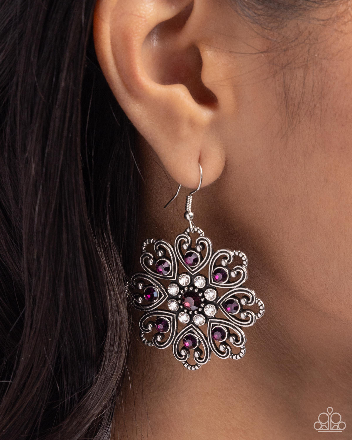 Garden of Love Purple Rhinestone Earrings - Paparazzi Accessories- on model - CarasShop.com - Paparazzi Jewelry by Cara Jewels