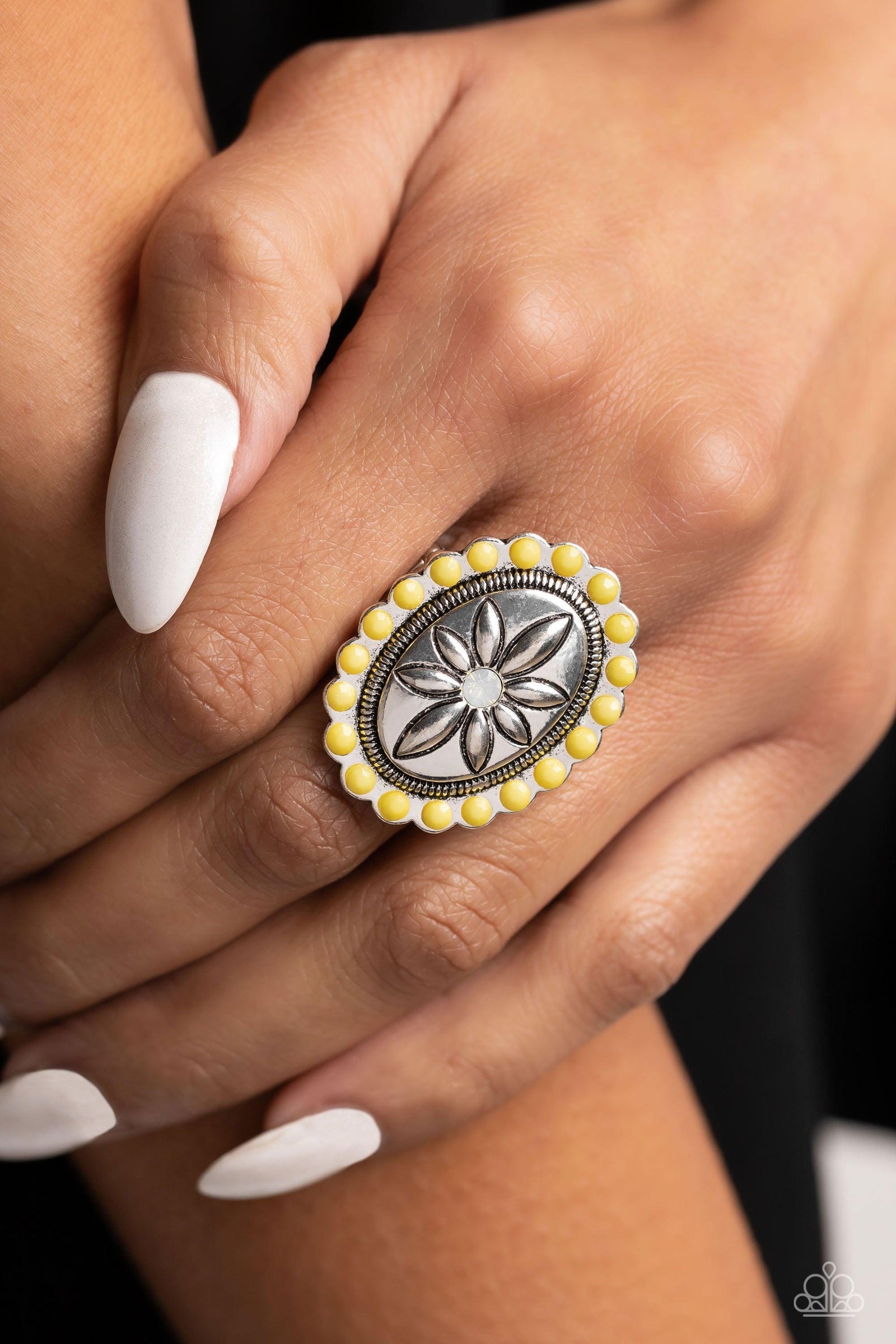 Garden Paradise Yellow Ring - Paparazzi Accessories- lightbox - CarasShop.com - Paparazzi Jewelry by Cara Jewels