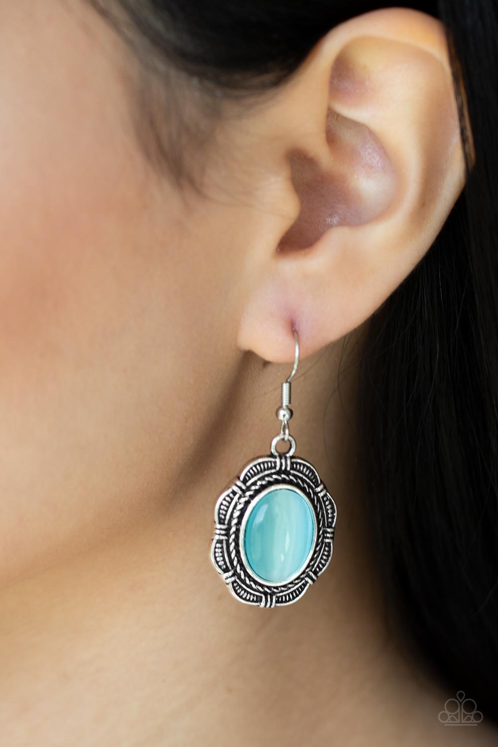 Garden Party Perfection Blue Cat's Eye Stone Earrings - Paparazzi Accessories- on model - CarasShop.com - Paparazzi Jewelry by Cara Jewels