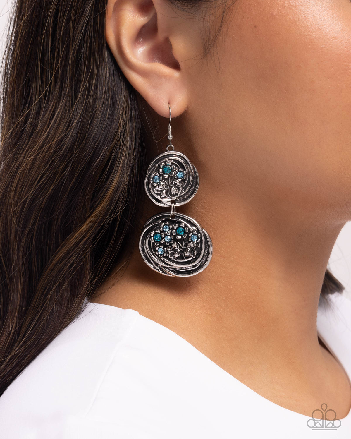 Garden Pavement Blue Rhinestone Floral Earrings - Paparazzi Accessories-on model - CarasShop.com - Paparazzi Jewelry by Cara Jewels