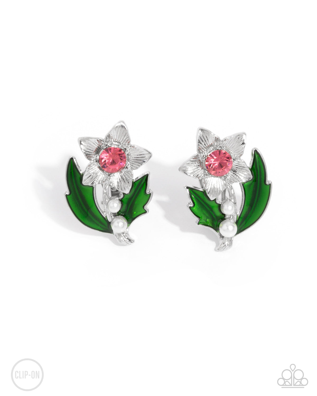 Gardening Guest Pink & Green Floral Clip-on Earrings - Paparazzi Accessories- lightbox - CarasShop.com - Paparazzi Jewelry by Cara Jewels