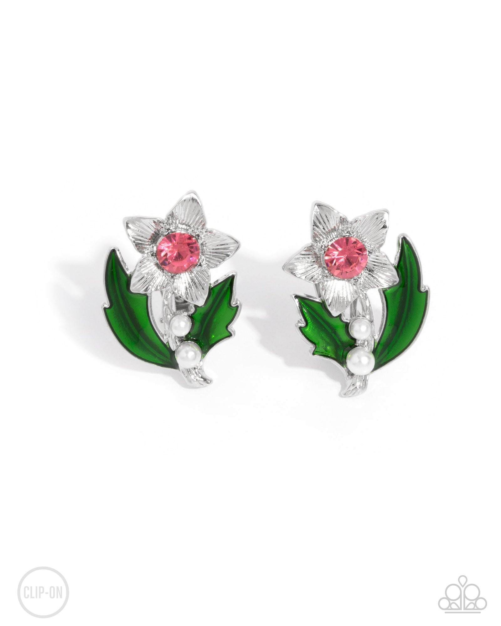 Gardening Guest Pink & Green Floral Clip-on Earrings - Paparazzi Accessories- lightbox - CarasShop.com - Paparazzi Jewelry by Cara Jewels