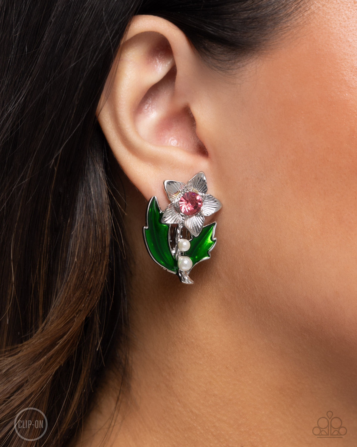Gardening Guest Pink & Green Floral Clip-on Earrings - Paparazzi Accessories- on model - CarasShop.com - Paparazzi Jewelry by Cara Jewels