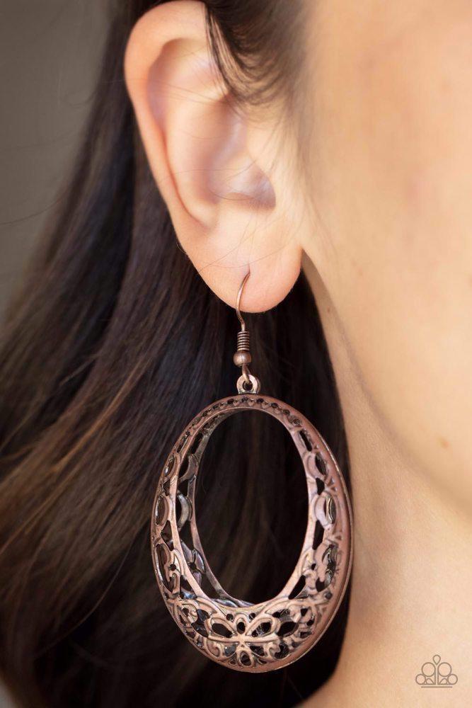 Gardenista Grandeur Copper Earrings - Paparazzi Accessories- on model - CarasShop.com - Paparazzi Jewelry by Cara Jewels