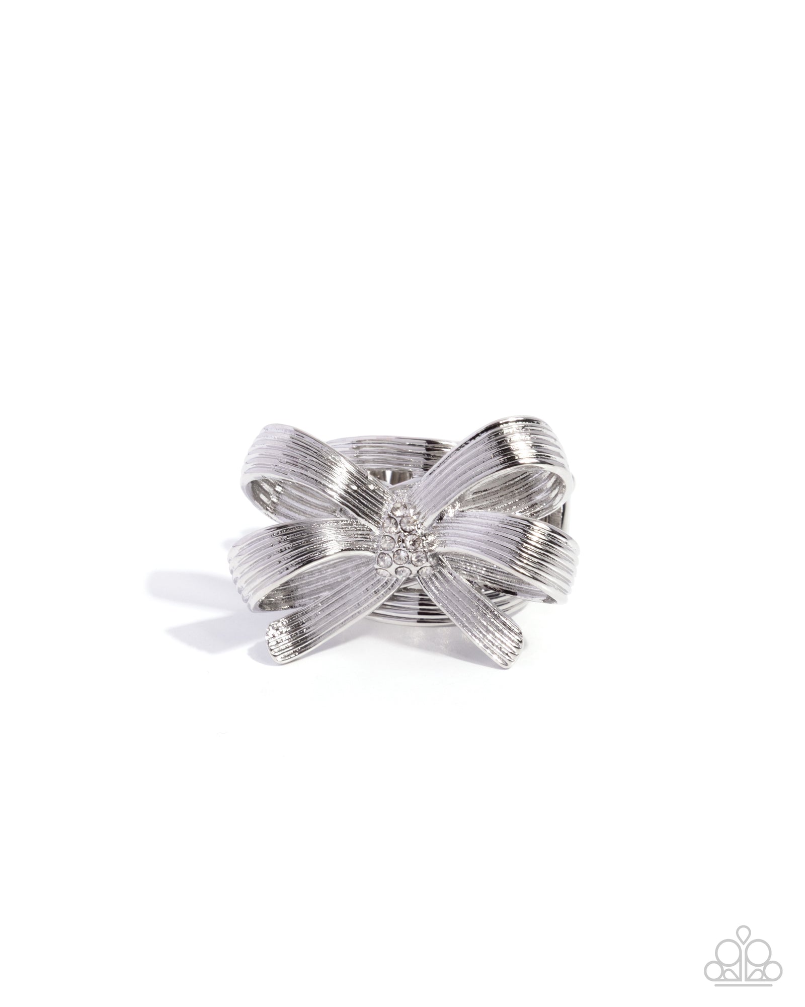 Gathered Glam Silver & White Rhinestone Bow Ring - Paparazzi Accessories- lightbox - CarasShop.com - Paparazzi Jewelry by Cara Jewels