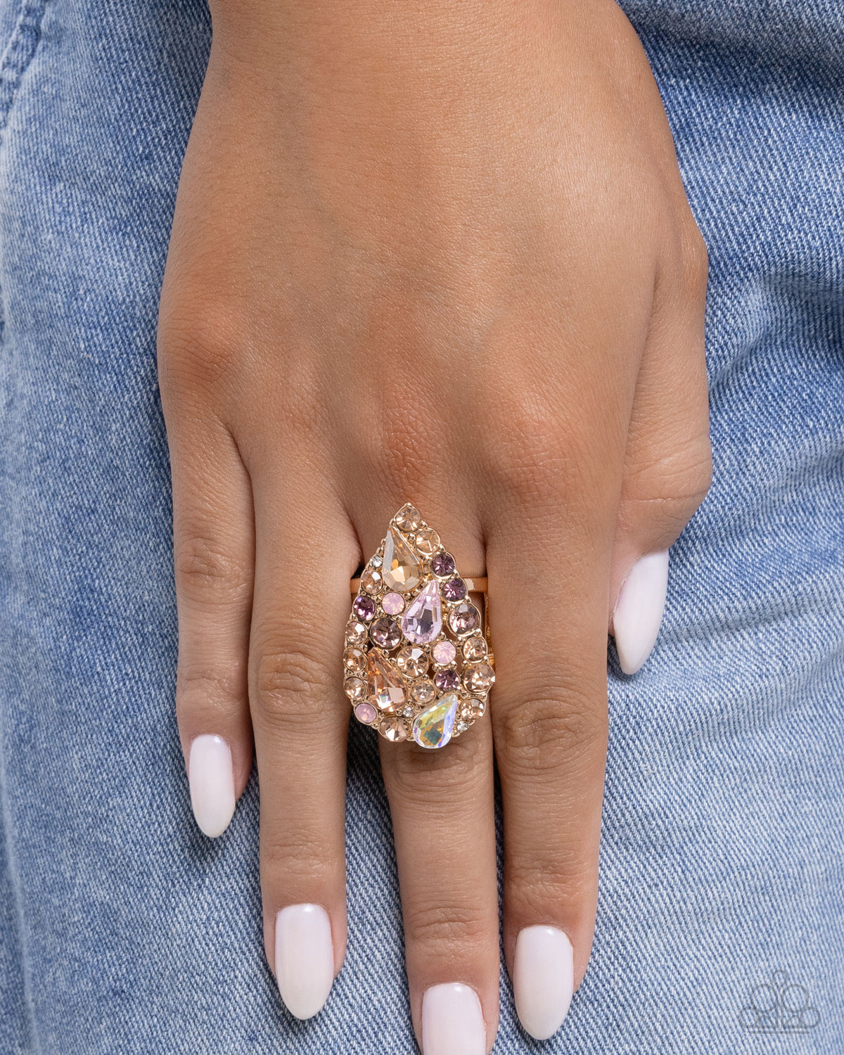 Gatsby Gamut Pink Rhinestone & Gold Ring - Paparazzi Accessories-on model - CarasShop.com - Paparazzi Jewelry by Cara Jewels