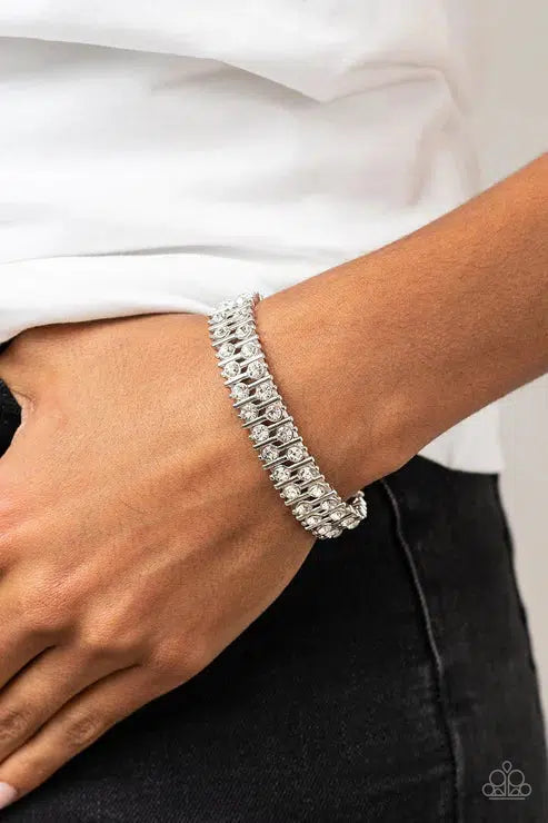 Generational Glimmer White Bracelet - Paparazzi Accessories- on model - CarasShop.com - Paparazzi Jewelry by Cara Jewels