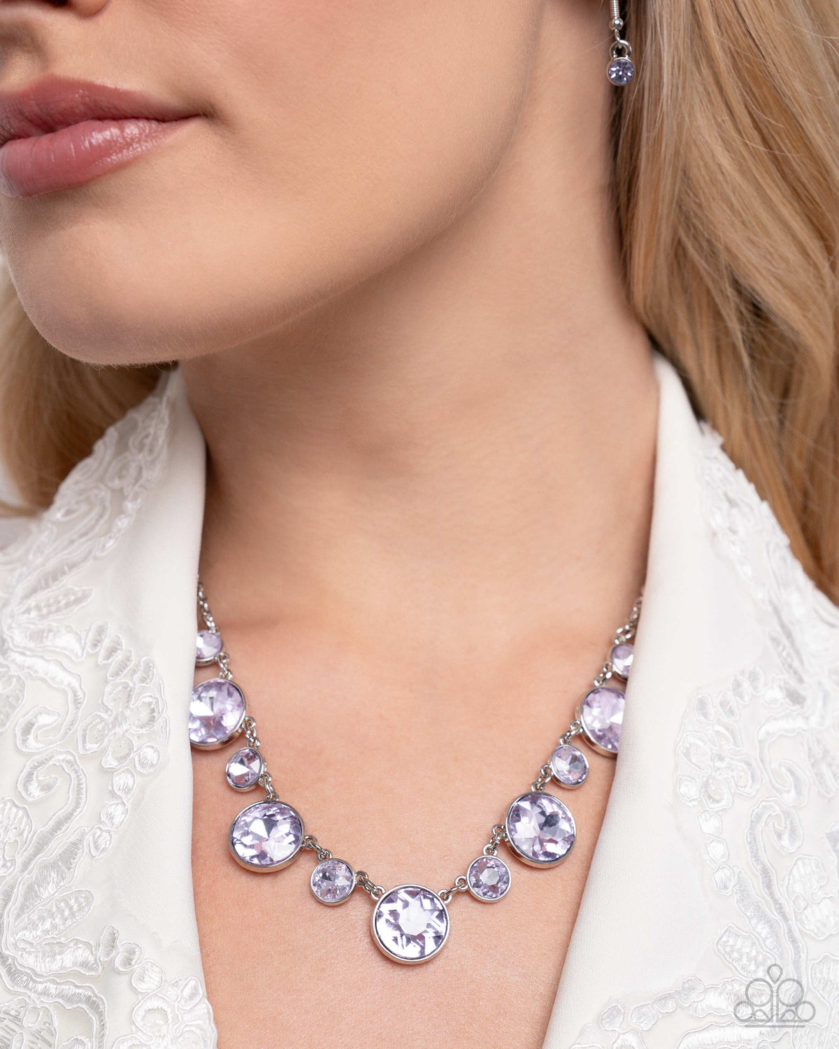 Genteel Gallery Purple Rhinestone Necklace - Paparazzi Accessories- on model - CarasShop.com - Paparazzi Jewelry by Cara Jewels