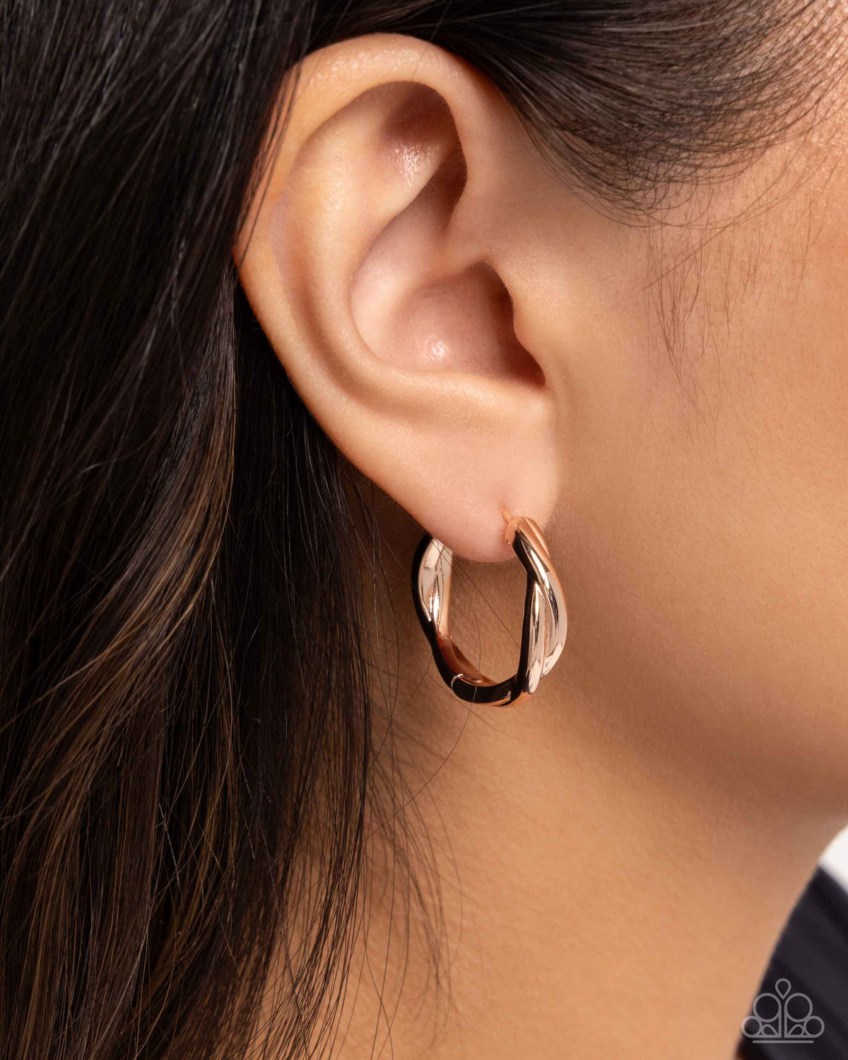 Genuine Glitz Rose Gold Hoop Earrings - Paparazzi Accessories-on model - CarasShop.com - Paparazzi Jewelry by Cara Jewels