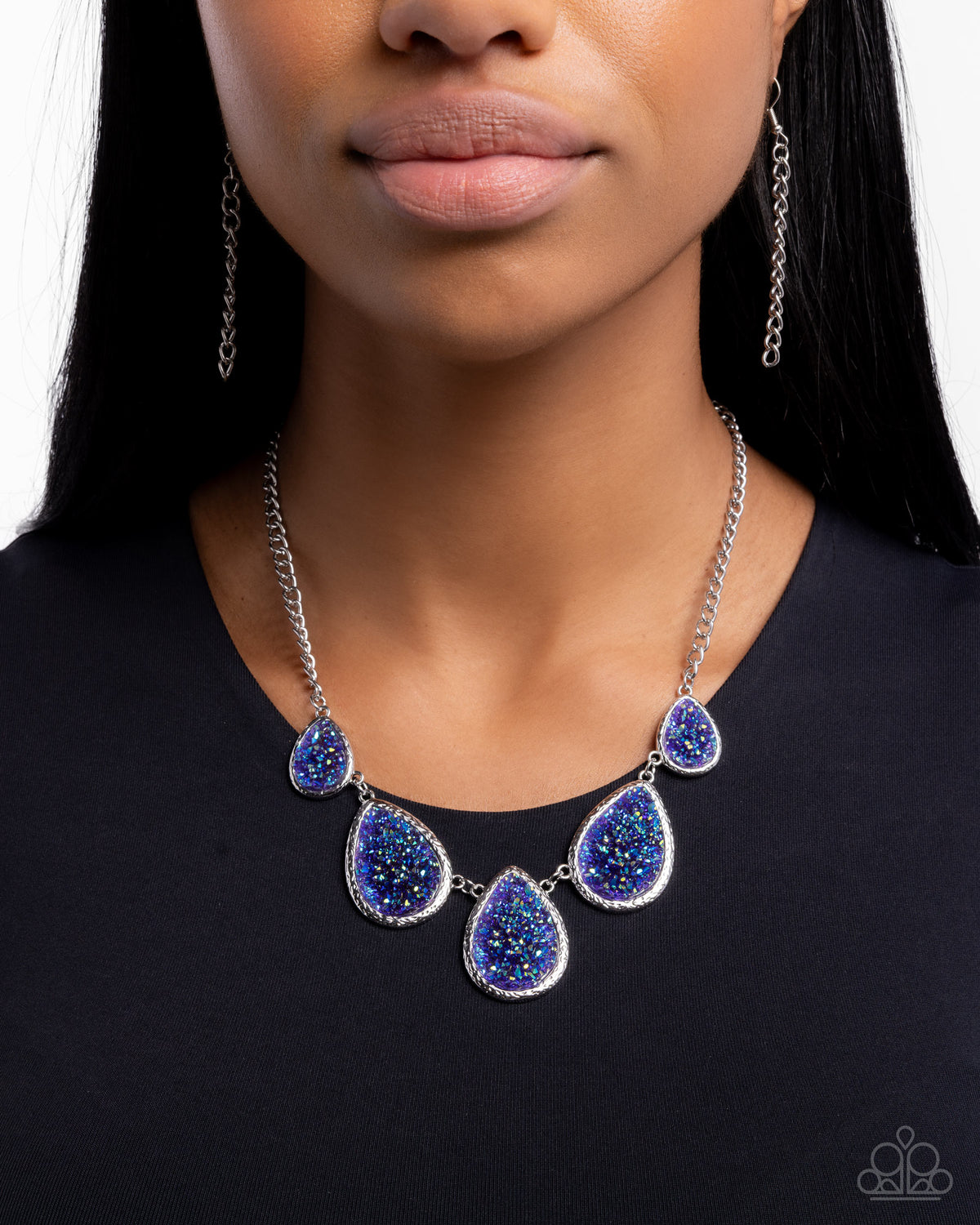 Geode Gamut Multi Blue Crushed Stone Necklace - Paparazzi Accessories- on model - CarasShop.com - Paparazzi Jewelry by Cara Jewels
